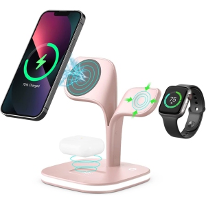 5-in-1 Magnetic Wireless Charging Stand with LED Bedside Lamp and QC Adapter. Compatible with iPhone/Apple Watch/Airpods(Pink)
