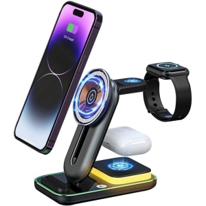 MagSafe-Compatible Wireless Charging Station: 3 in 1 Charger Stand Compatible with Apple iPhone, Apple Watch and AirPods (Gray)