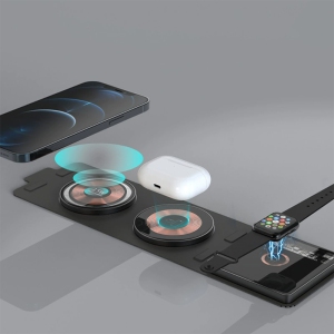 3 in 1 Magnetic Fold Wireless Charger Stand 15W Fast Wireless Charging Station for Samsung Xiaomi Huawei for Apple Watch 7 6 5 4 (Black)