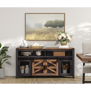WAMPAT Farmhouse Buffet Cabinet Sideboard with Sliding Barn Doors, 59" Coffee Bar Storage Cabinet with Mesh Doors, Antique Black & Brown Cupboard Table for Kitchen, Dining Room