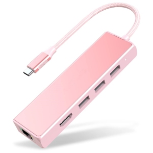 USB C Hub with Gigabit Ethernet, 4K HDMI Output, and 3 USB 3.0 Compatible 2022-2016 MacBook Pro 13/15/16, New Mac Air & Surface, Chromebook, More, Stable Driver Adapter, Rose Gold