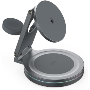 Foldable 360º Rotatable Zinc Alloy 3-in-1 Magnetic Wireless Charger,3 in 1 Charging Station,Charging Stand (Gray)