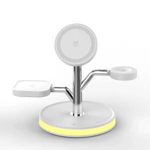 3 in 1 Charging Station for Apple Devices, Fast Charging Magsafe Charger Stand with LED Light and 20W PD Adapter, Wireless Nightstand Charger (White)