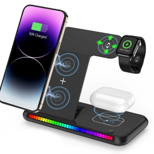 3 in 1 Fast Wireless Charger Stand For iPhone 12 13 14 15 16 Fast Charging Station for Apple Watch 10 9 8 7 6 5 4 Airpods2 3 Pro (Black)