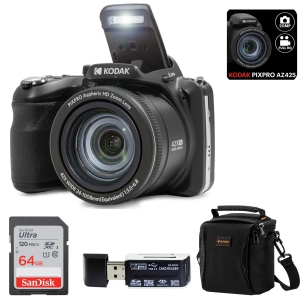 Kodak PIXPRO AZ425 Astro Zoom 20MP Full HD Digital Camera (BLACK) Bundled with SanDisk 64GB Memory Card and Camera Bag. Get a Free SD Card Reader and Custom Cleaning Cloth.