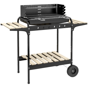 Outsunny Portable Outdoor Charcoal BBQ Grill with Adjustable Grill Height, Barbecue Trolley with Ash Catcher and Wheels for Outdoor Garden Party Cooking, Black