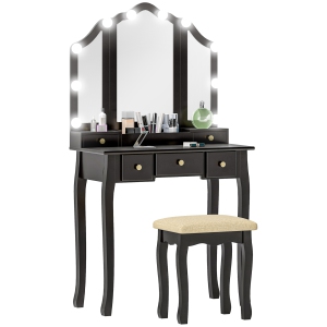 HOMCOM Vanity Desk with Mirror and Lights, Makeup Vanity with Stool, 5 Drawers, 3 Compartments, 10 LED Bulbs and 2 Lighting Modes, Dressing Table for Bedroom, Black