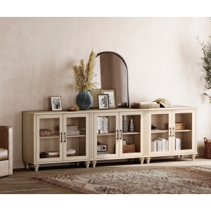WAMPAT Buffet Cabinet with 6 Glass Doors, Large Coffee Bar Tables with Adjustable Shelf, Wood Kitchen Storage Cabinets, Modern Farmhouse Sideboard Credenza for Dining Room, Beige