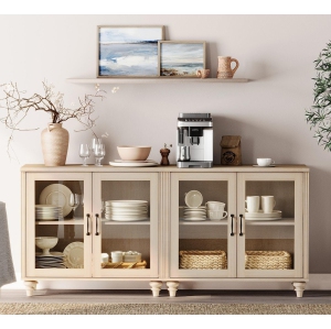 WAMPAT Buffet Cabinet with 4 Glass Doors, Wood Kitchen Storage Cabinets Large Coffee Bar Tables with Adjustable Shelf, Modern Farmhouse Sideboard Credenza for Dining Room, Beige
