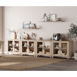 WAMPAT Buffet Cabinet with 8 Glass Doors, Large Coffee Bar Tables Wood Kitchen Storage Cabinets, Modern Farmhouse Sideboard Credenza for Dining Room,Beige,136 inch