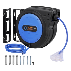 VEVOR 75FT Retractable Extension Cord Reel, Heavy Duty 14AWG/3C SJTOW Power Cord with Lighted Triple Tap Outlet, 13A Circuit Breaker, 180°Swivel Bracket for Ceiling/Wall Mounted