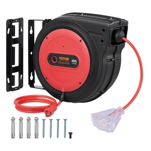 VEVOR 65FT Retractable Extension Cord Reel, Heavy Duty 12AWG/3 SJTOW Power Cord with Lighted Triple Tap Outlet, 15A Circuit Breaker, 180°Swivel Bracket for Ceiling/Wall Mounted