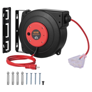 VEVOR 45FT Retractable Extension Cord Reel, Heavy Duty 12AWG/3 SJTOW Power Cord with Lighted Triple Tap Outlet, 15A Circuit Breaker, 180°Swivel Bracket for Ceiling/Wall Mounted