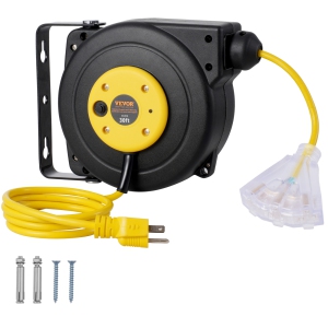 VEVOR 30FT Retractable Extension Cord Reel, Heavy Duty 16AWG/3 SJTOW Power Cord Reel with Lighted Triple Tap Outlet, 10A Circuit Breaker, 4.5FT Lead-in Cord, for Ceiling/Wall Mount