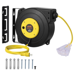 VEVOR 50FT Retractable Extension Cord Reel, Heavy Duty 14AWG/3 SJTOW Power Cord with Lighted Triple Tap Outlet, 13A Circuit Breaker, 180°Swivel Bracket for Ceiling/Wall Mounted