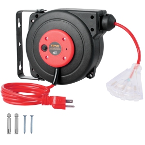 VEVOR 30FT Retractable Extension Cord Reel, Heavy Duty 16AWG/3 SJTOW Power Cord Reel with Lighted Triple Tap Outlet, 10A Circuit Breaker, 4.5FT Lead-in, for Ceiling/Wall Mounted