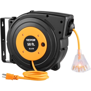 VEVOR 50FT Retractable Extension Reel, Heavy Duty 14AWG/3 SJTOW Power Cord with Lighted Triple Tap Outlet, 13A Circuit Breaker, 180° Swivel Bracket for Ceiling/Wall Mounted, Black