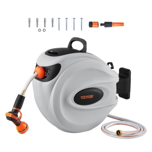 VEVOR Retractable Hose Reel, 65 ft x 5/8 inch, 180° Swivel Bracket Wall-Mounted, Garden Water Hose Reel with 9-Pattern Nozzle