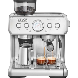 VEVOR Espresso Machine with Grinder, 15 Bar Semi-Automatic Espresso Coffee Maker with Milk Frother Steam Wand, Removable Water Tank & Pressure Gauge