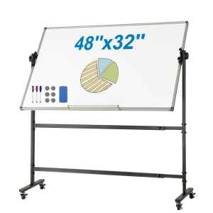 VEVOR 48x32 inch Rolling Whiteboard, Double-Sided Magnetic Mobile Whiteboard, 360° Reversible Adjustable Height Dry Erase Board with Wheels & Movable Tray for Office School