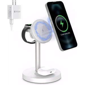 3-in-1 Wireless Charging Station for iPhone , Apple Watch 9/Ultra 2, AirPods | 20W Fast Charger, Mag-Safe Compatible, with 20W Power Adapter (White)
