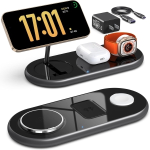 3 in 1 Charging Station for Apple Devices, Faster Mag-Safe Charger Stand, Magnetic Wireless Charger Station for iPhone Series/iWatch/AirPods (Black)