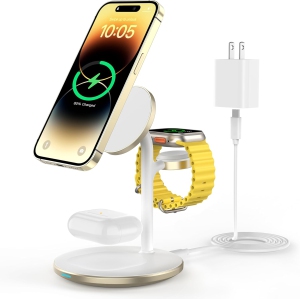 3 in 1 Wireless Charging Station for Apple Devices, Standard 15W Fast Wireless Mag-Safe Charger Stand with 20W dapter for iPhone/iWatch/AirPods