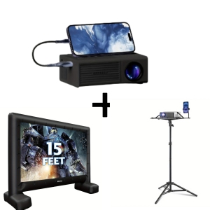 Portable Mini Projector with 15ft Inflatable Screen and Adjustable Floor Stand for Outdoor and Home Use