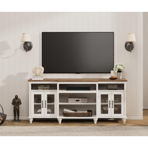 WAMPAT Farmhouse TV Stand for TVs Up to 75 inch, 4-Door Glass and Wood Universal TV Console with 9 Storage Cabinets, White Entertainment Center Table for Living Room Bedroom,White