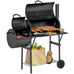Outsunny Portable Outdoor Charcoal BBQ Grill with Offset Smoker, Barbecue Grill with Spacious Cooking Area, 2 Shelves, Thermometer, Wheels for Patio Backyard Party, Black