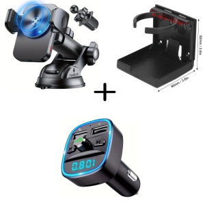 15W Magnetic Wireless Car Charger & Phone Mount, 4pcs Adjustable Resin Cup Holders + FM Transmitter with PD 30W Fast Charger & MP3 Player