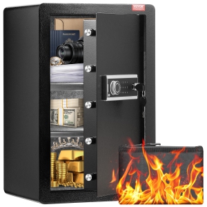 VEVOR Single Door 3.5 cu.ft Safe Box with Key Lock & Password, Safe Lock Box with Fireproof Bag, Key Rack, LED Light, and 2 Shelves for Money,