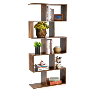 Moustache 5-Tier Geometric Bookcase, Wooden S-Shaped Book Shelves Unit with Anti-collapse Device Design