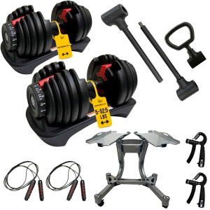 MotionGrey Adjustable Dumbbells 5-52.5 LB with High Strength Hand Grip & Converter - Dumbbell Stand, Barbell Attachment, Jump Rope and Anti-Slip Metal Hand Equipment