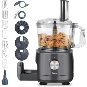 Food Processor 7 Cup,Built-in Storage Drawer Small Food Processor with 10 set blades (Grey)