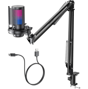 Gaming Microphone, USB PC Mic for Podcasts Videos, Streaming, Condenser Mic with Quick Mute, Tripod Stand, Compatible with PS4/5/PC, With Boom Arm