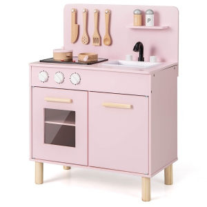 Costway Kids Kitchen Playset with Light up Stove & Cooking Sounds Oven Sink Faucet