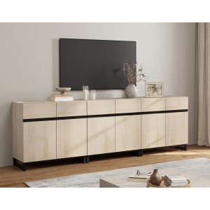 WAMPAT Modern TV Stand for TVs up to 100+ inch, 3 in 1 Entertainment Center with with Adjustable Shelf & Doors, 94.5" Media Console with Storage for Living Room,Bedroom, Light Oak
