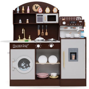 Honeyjoy Kids Kitchen Set Wooden Kitchen Playset with Clock, Microwave, Sink, Dish Rack