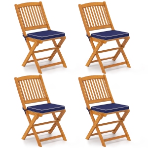 Costway Outdoor Folding Chairs Set of 4 Acacia Wood High-Back Chair with Seat Cushions