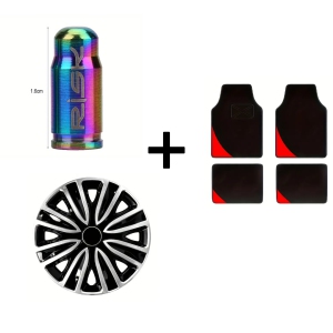 Titanium Alloy Valve Caps 2pcs, 14" Iron Rim Wheel Covers 4pcs, Red Non-Slip Car Foot Mats Set
