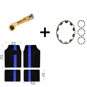 1pc Universal 90 Degree Brass Tire Valve Extension, 20 Inch Wheel Rim Cover, Blue Non-Slip 5-Seat Car Foot Mat Set