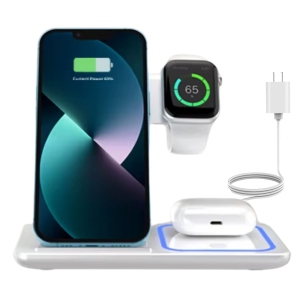 MAKATA 4-in-1 Wireless Charger (White) Foldable Fast-Charging Station Compatible with Apple Samsung Phones Smart watches and Airpods for Home and Office (Wall Plug Included)