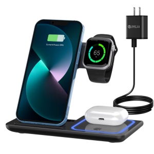MAKATA 4-in-1 Wireless Charger (Black) Foldable Fast-Charging Station Compatible with Apple Samsung Phones Smart watches and Airpods for Home and Office (Wall Plug Included)