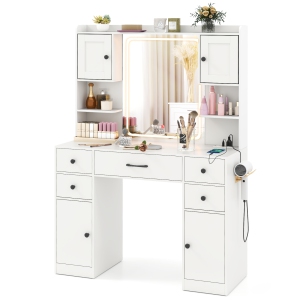 Gymax Makeup Vanity Desk w/ Lighted Mirror Charging Station 3-Color Dimmable LED Lights