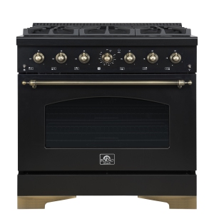Forno Antico 36-Inch Freestanding Gas Range, Black, Antique Brass Design, 6 Burners, Convection Oven, Energy Efficient
