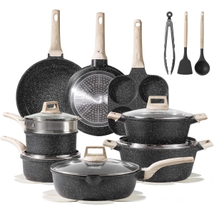 CAROTE Ensemble de 21 pièces de casseroles et poêles, ensembles de cuisson antiadhésifs, ustensiles de cuisson en granit blanc induction, ensemble de cuisson antiadhésif avec poêles et casseroles (sans PFOS, sans PFOA)