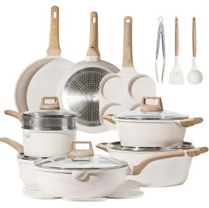 CAROTE Ensemble de 21 pièces de casseroles et poêles, ensembles de cuisson antiadhésifs, ustensiles de cuisson en granit blanc induction, ensemble de cuisson antiadhésif avec poêles et casseroles (sans PFOS, sans PFOA)