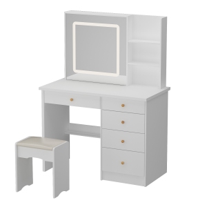 Famapy Modern Vanity Set with Lighted Mirror - Makeup Dressing Table 5-Drawer & Storage Shelves, Includes Cushioned Stool for Bedroom, Compact (39.4" W x 19.7" D x53.5" H), White