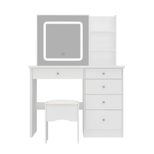 Homsee 5-Drawer Makeup Dressing Table with Storage Shelves, Cushioned Stool Included, Compact Design for Bedroom (39.4" W x 19.7" D x 53.5" H), White